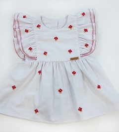 Vestido branco em linho, com mini cogumelos bordados - loja online
