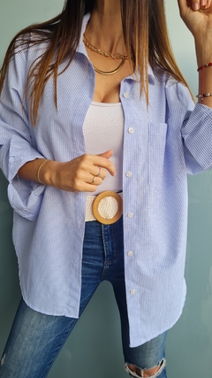 Camisa de poplin rayada manga larga celeste y blanco - tienda online