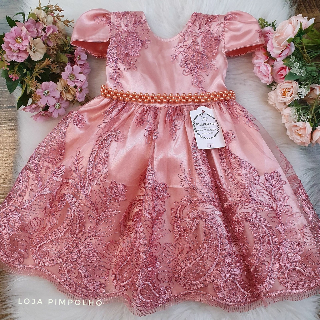 Vestido Infantil de Festa Rose com Branco Luxo Realeza Princesa Menina  Batizado