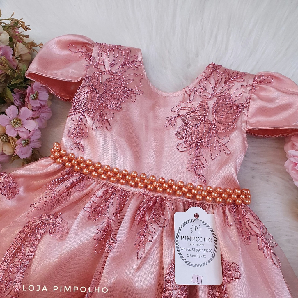 Vestido Infantil de Festa Rose com Branco Luxo Realeza Princesa Menina  Batizado