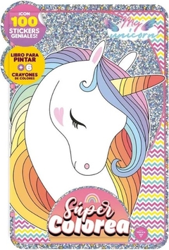 Super colorea Unicornios Pack libro + craones + stickers