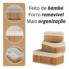 Cesto Organizador de Bambu com Forro Kit 3 Unidades Multiuso/6