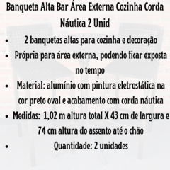 Banqueta Alta de Alumínio Preto e Corda Náutica 2 Unidades/16