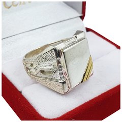 Anillo Sello Plata Y Oro 18kts Grabado Hombre Cuadrado 705 - - Joyas Center