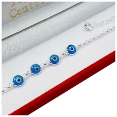 Pulsera De Plata 925 Con Ojos De Horus Celestes Joyas Damas 2,2Grs -