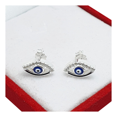 Aros Plata 925 Ojos Turco 10 Mm Piedra Centro Azul Protector -