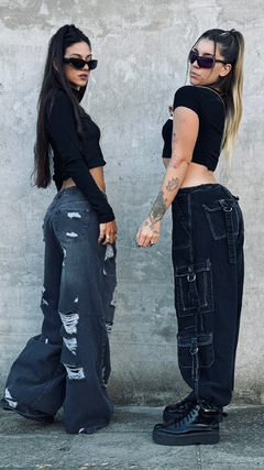 jeans wide leg stone black ripped - tienda online