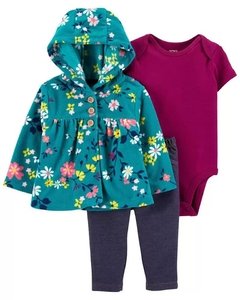 CARTER'S SET 3 PIEZAS BODY MANGA CORTA, CAMPERA MICROPOLAR Y PANTALÓN FLORAL