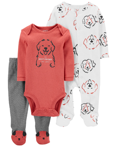 Carters Set 3 Piezas Osito-Pijama Body Mangas Largas Pantalon Perritos