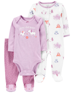 Carter´s Set 3 Piezas Osito-Pijama Body Mangas Largas Pantalon Cachorros