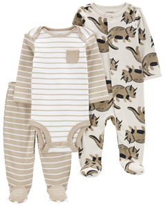 Carter´s Set 3 Piezas Osito Pijama Body Mangas Largas Pantalon Dinosaurios