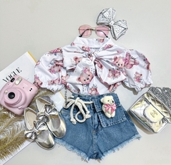 Conjunto jeans com ursinho cinto cute