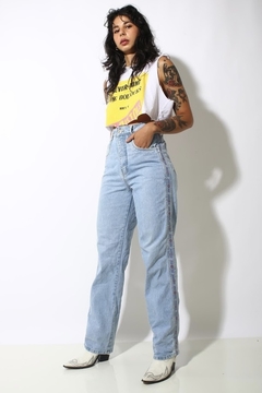 Calça jeans cintura alta vintage original det lateral - Capichó Brechó