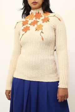 Gola tricot malha flores laranja vintage