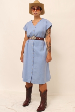 Vestido azul amplo vintage 100% linho