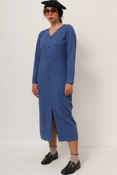 Vestido azul classico fenda frente botões - comprar online