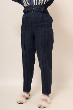 Calça 100% linho azul cintura mega alta - loja online