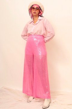 Imagem do Calça pantalona cintura alta paete brilho rosa