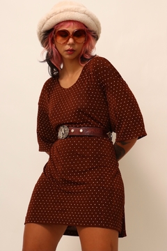 Imagem do Blusão estilo vestido estilo largo manga curta de bolinha marrom