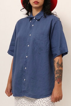 camisa 100 % linho azul vintage na internet