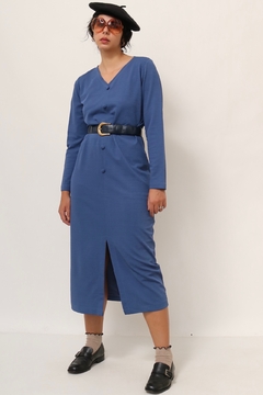 Vestido azul classico fenda frente botões