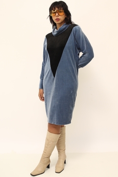 Vestido veludo azul gola recorte 80´s - comprar online