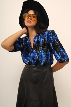 Blusa paete azul e preto ombreira vintage - comprar online