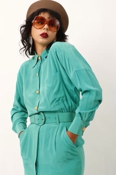 vestido cinto 100 % seda verde botões dourado - loja online