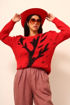 Pulover vermelho estampa preta manga princesa - loja online