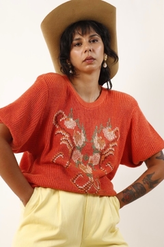 pulôver tricot laranja bordado flores - comprar online