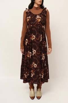 vestido marrom flores vintage - comprar online