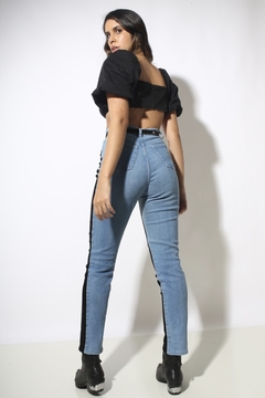 Calça jeans bicolor malha aveludada frente vintage - Capichó Brechó