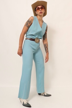 Conjunto azul 70´s cintura baixa calça + blusa - loja online