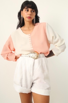 Blusa bicolor off white com rosa manga 3/4