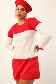 Blusa tricot bicolor vermelho com branco