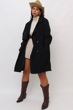 casaco estilo trenc coat preto aveludado - loja online