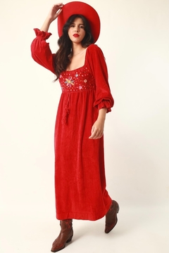 Vestido veludo vermelho bordado busto - comprar online