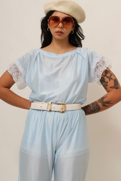 Conjunto azul calça + blusa detalhe renda pijama - loja online