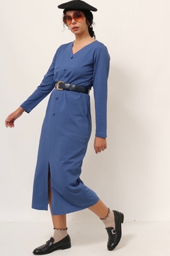 Vestido azul classico fenda frente botões - Capichó Brechó