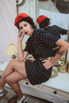 Vestido poá ombreira vintage transpassado detalhe lenço bolso - comprar online