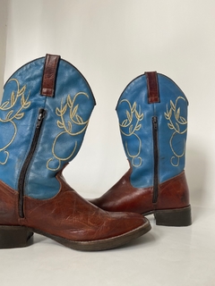 Bota cowboy couro azul com marrom - loja online