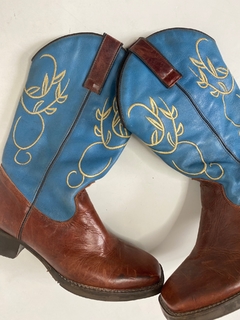 Bota cowboy couro azul com marrom - loja online