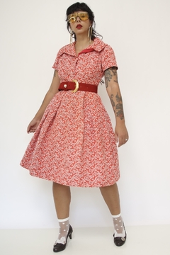 Vestido estruturado vermelho flores branco - loja online