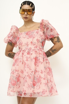 Vestido Mini floral organza transparência vintage