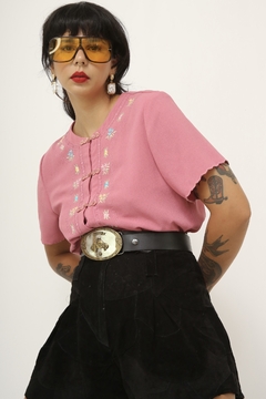 camisa rosa manga curta bordado color vintage - comprar online