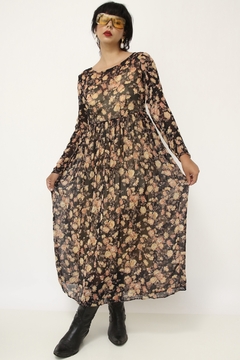 Vestido floral longo estampado preto marrom - comprar online