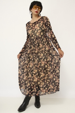Vestido floral longo estampado preto marrom - Capichó Brechó