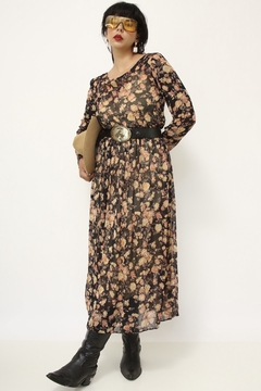 Vestido floral longo estampado preto marrom - loja online