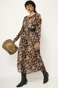 Vestido floral longo estampado preto marrom