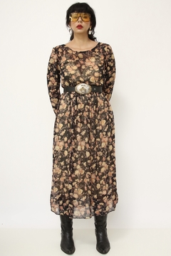 Vestido floral longo estampado preto marrom - comprar online